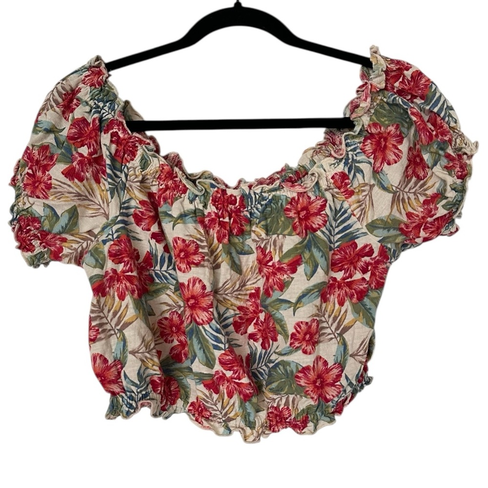 AMERICAN EAGLE tropical floral print Cotton/Linen blend crop off shoulder top S